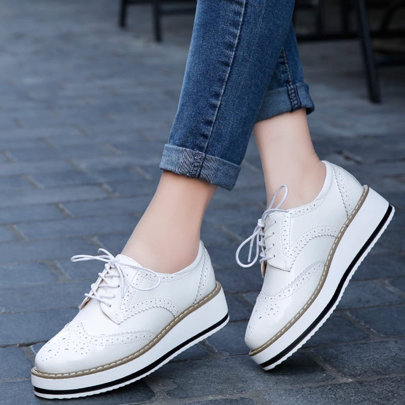 DADAWEN Women's Platform Lace-Up Wingtips Square Toe Oxfords Shoe White US Size 9/Asia Size 41/25.5cm - Image 5